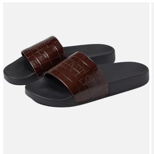 AllSaints Karli Slide Sandals Brown Croc Embossed Leather Slip-Ons size 39